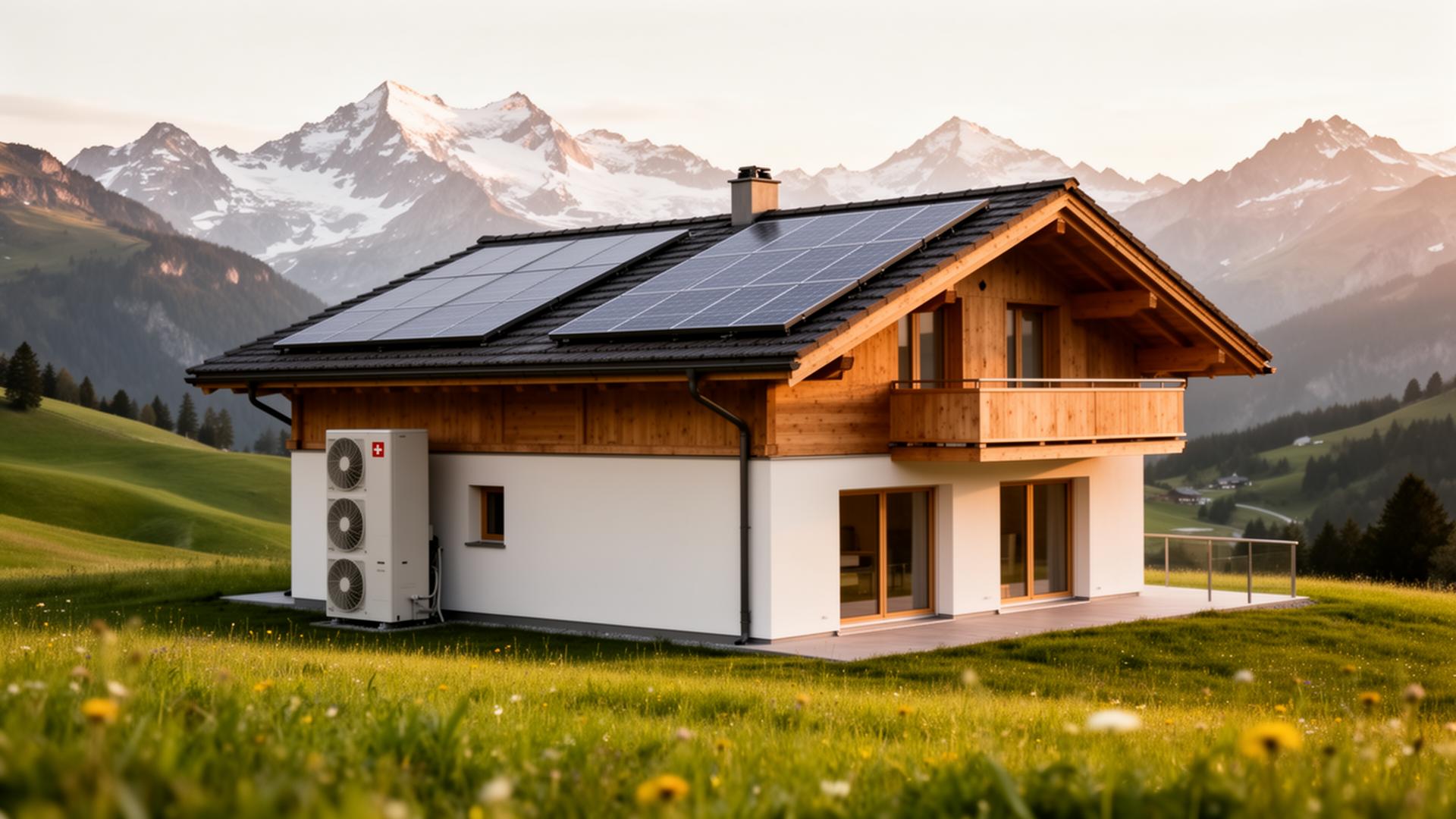 Chalet suisse rénové avec panneaux solaires et pompe à chaleur dans les Alpes